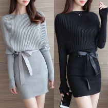Fashion Solid Color Dolman Sleeve Round Neck Slim Fit Knit Dress