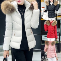 Fashion Solid Color Long Sleeve Faux Fur Spliced Hooded Padded Coat