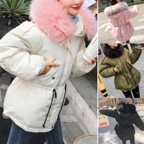 Fashion Long Sleeve Drawstring Waist Faux Fur Spliced Hooded Padded Coat