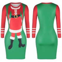 Fashion Contrast Color Long Sleeve Round Neck Slim Fit Printed Dress