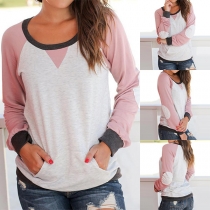 Fashion Contrast Color Long Sleeve Round Neck Casual T-shirt 