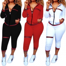 Fashion Contrast Color Long Sleeve Sweatshirt Coat + Pants Sports Suit