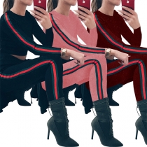 Sexy Striped Spliced Long Sleeve Crop Top + High Waist Leggings Sports Suit