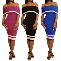 Sexy Off-shoulder Boat Neck Contrast Color Slim Fit Party Dress