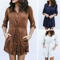 Fashion Solid Color Long Sleeve Elastic Waist Shirt Dress