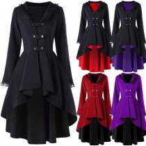 Fashion Solid Color Long Sleeve High-low Hem Lace-up Hooded Coat