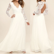 Sexy Backless V-neck Lace Spliced Long Sleeve Party Dress
