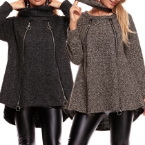 Fashion Long Sleeve Round Neck High-low Hem Loose Top + Infinity Scarf Two-piece Set