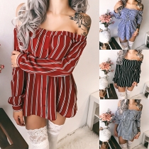 Sexy Off-shoulder Boat Neck Long Sleeve Striped Dress