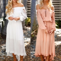 Sexig off-shoulder båthals spetsklänning med skarvad långärm och hög-låg fåll