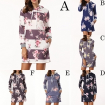 Fashion Long Sleeve Slim Fit Hooded Printed Sweatshirt Dress