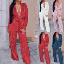 Fashion Solid Color Long Sleeve Top + Pants Pajamas Two-piece Set