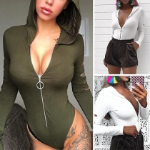 Sexig Utskuren Långärmad Enfärgad Huvtröja Bodysuit