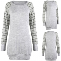 Fashion Printed Spliced Long Sleeve Round Neck Slim Fit Sweatshirt