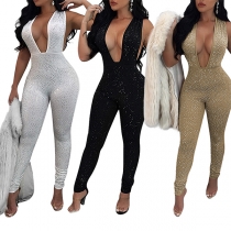 Sexy Backless Deep V-neck Sleeveless High Waist Sequin Jumpsuit