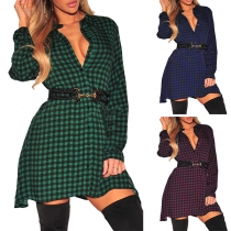Fashion Long Sleeve POLO Collar Single-breasted Plaid Shirt Dress
