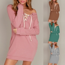 Sexy Lace-up Deep V-neck Long Sleeve Solid Color Dress