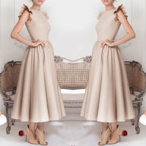 Elegant Solid Color Sleeveless Round Neck High Waist Dress