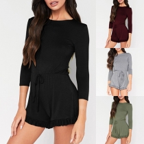 Fashion Solid Color 3/4 Sleeve Round Neck Ruffle Hem Romper