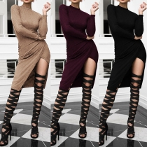 Sexy Slit Hem Long Sleeve Round Neck Solid Color Slim Fit Knit Dress