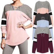 Fashion Contrast Color Long Sleeve Lace-up V-neck Sweatshirt