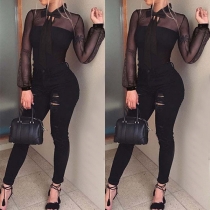 Sexy See-through Gauze Spliced Long Sleeve Solid Color Bodysuit