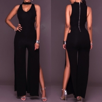 Sexy V-neck High Slit Hem Solid Color Jumpsuit