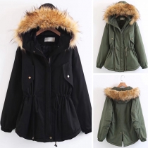 Fashion Long Sleeve Drawstring Waist Faux Fur Spliced Hooded Padded Coat 