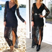 Sexy Deep V-neck Slit Hem Long Sleeve Lace Dress