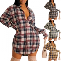Fashion Long Sleeve POLO Collar Single-breasted Plaid Shirt Dress