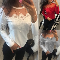 Sexy See-through Gauze Spliced Long Sleeve Round Neck T-shirt 