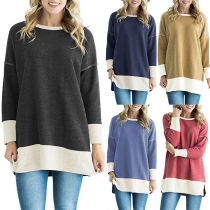 Fashion Contrast Color Long Sleeve Round Neck Slit Hem Loose T-shirt