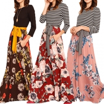Fashion 3/4 Sleeve Round Neck Printed Spliced Maxi Dress