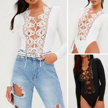Sexy Lace Spliced Deep V-neck Long Sleeve Bodysuit
