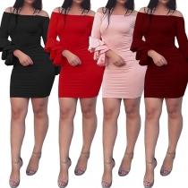 Sexy Off-shoulder Boat Neck Trumpet Sleeve Slim Fit Solid Color Dress