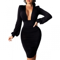 Sexy Backless V-neck Dolman Sleeve Solid Color Slim Fit Dress