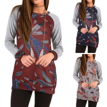 Fashion Long Sleeve Round Neck Feather Printed T-shirt