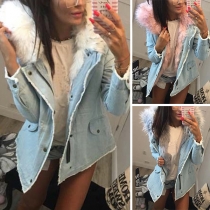 Fashion Solid Color Plush Lining Faux Fur Spliced Padded Coat 