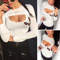 Sexy Hollow Out Long Sleeve Round Neck Slim Fit T-shirt 