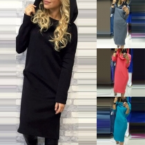 Fashion Solid Color Long Sleeve Hooded Dress