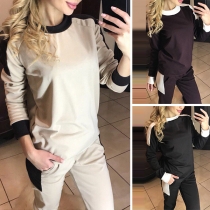 Fashion Contrast Color Long Sleeve Round Neck Sweatshirt + Pants Sports Suit