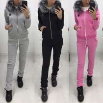 Fashion Solid Color Faux Fur Spliced Hooded Sweatshirt Coat + Pants Sports Suit