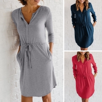 Fashion Solid Color Long Sleeve V-neck Elastic Waist Dress