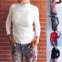 Simple Style Long Sleeve High Neck Solid Color Knit Top 