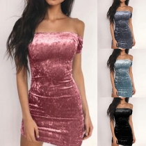 Sexy Off-shoulder Boat Neck Solid Color Mini Tight Dress