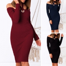 Sexy Off-shoulder Long Sleeve Slim Fit Halter Knit Dress