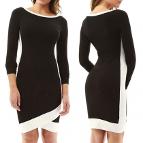 Fashion Contrast Color Long Sleeve Round Neck Irregular Hem Slim Fit Dress