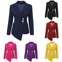 OL Style Long Sleeve Solid Color Slim Fit Asymmetrical Blazer Coat