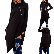 Chic Style Long Sleeve Irregular Hem Oblique Zipper Hooded Sweatshirt