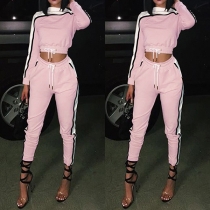 Fashion Contrast Color Long Sleeve Crop Top + Sports Pants Two-piece Set